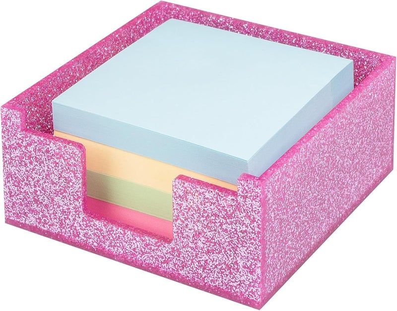 Luminzo Rose Pink Sparkling Sticky Note Holder, Glitter Acrylic Organizer, 3.94 x 3.94 in Multi-Use Tray for Office, School & Home Desk - Image 1